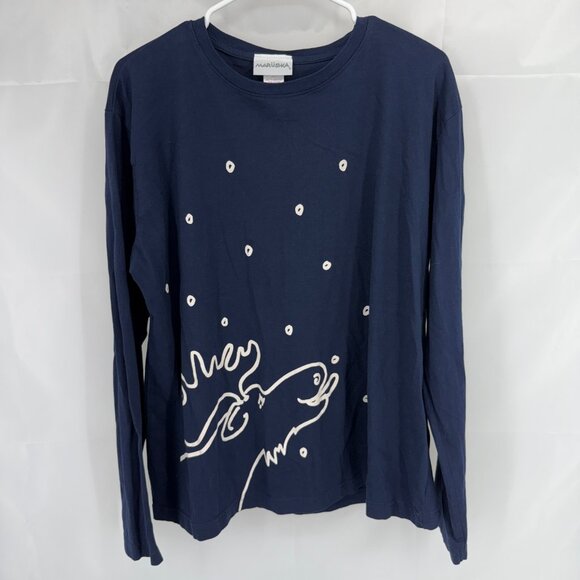 Marushka Women 2XL Long Sleeve T Shirt Graphic Reindeer Print Navy Blue Snow Top - Picture 1 of 9